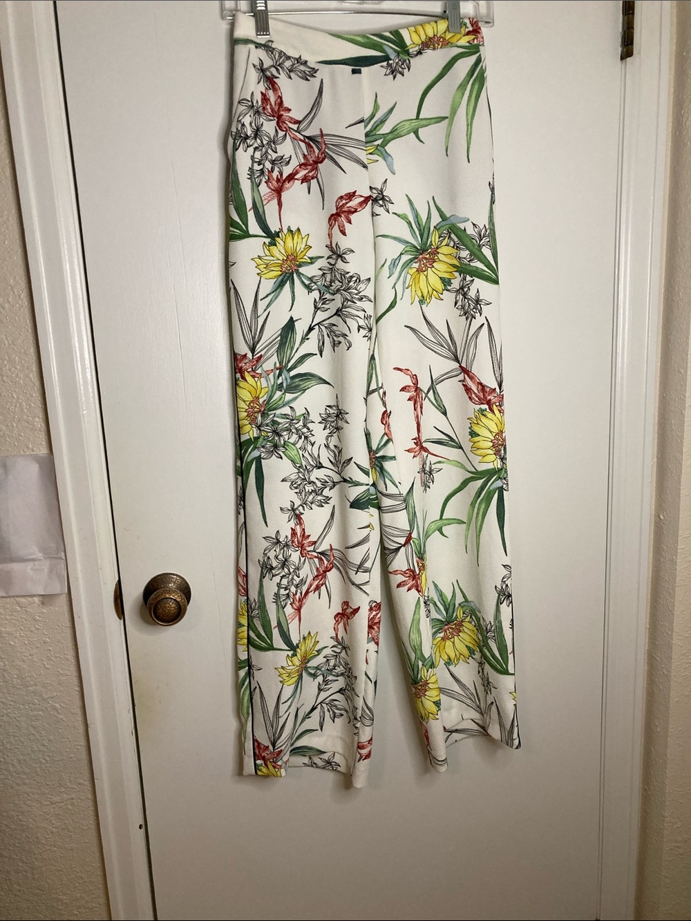Zara White Wide-Leg Floral Pants with Yellow & Green Print